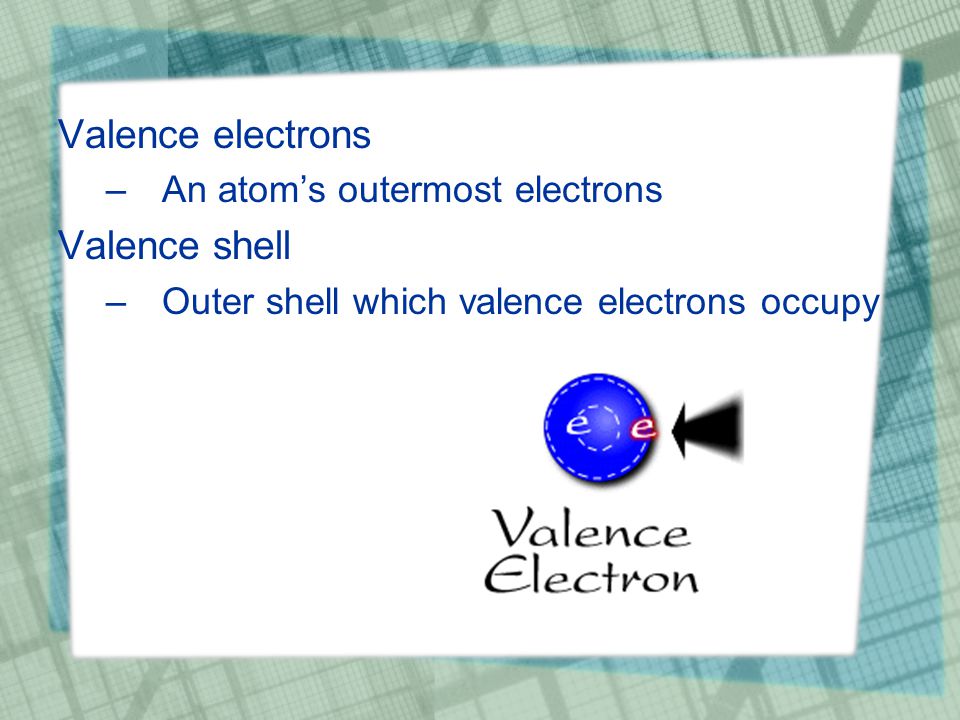 Valence electrons –An atom’s outermost electrons Valence shell –Outer shell which valence electrons occupy