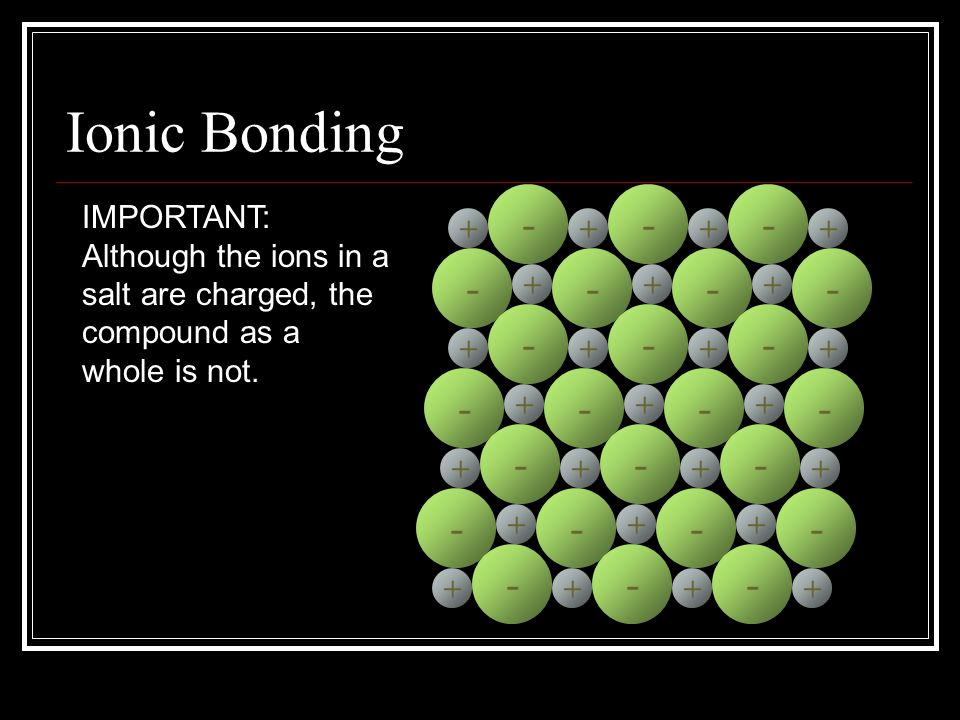 Ionic Bonding IMPORTANT: Although the ions in a salt are charged, the compound as a whole is not.