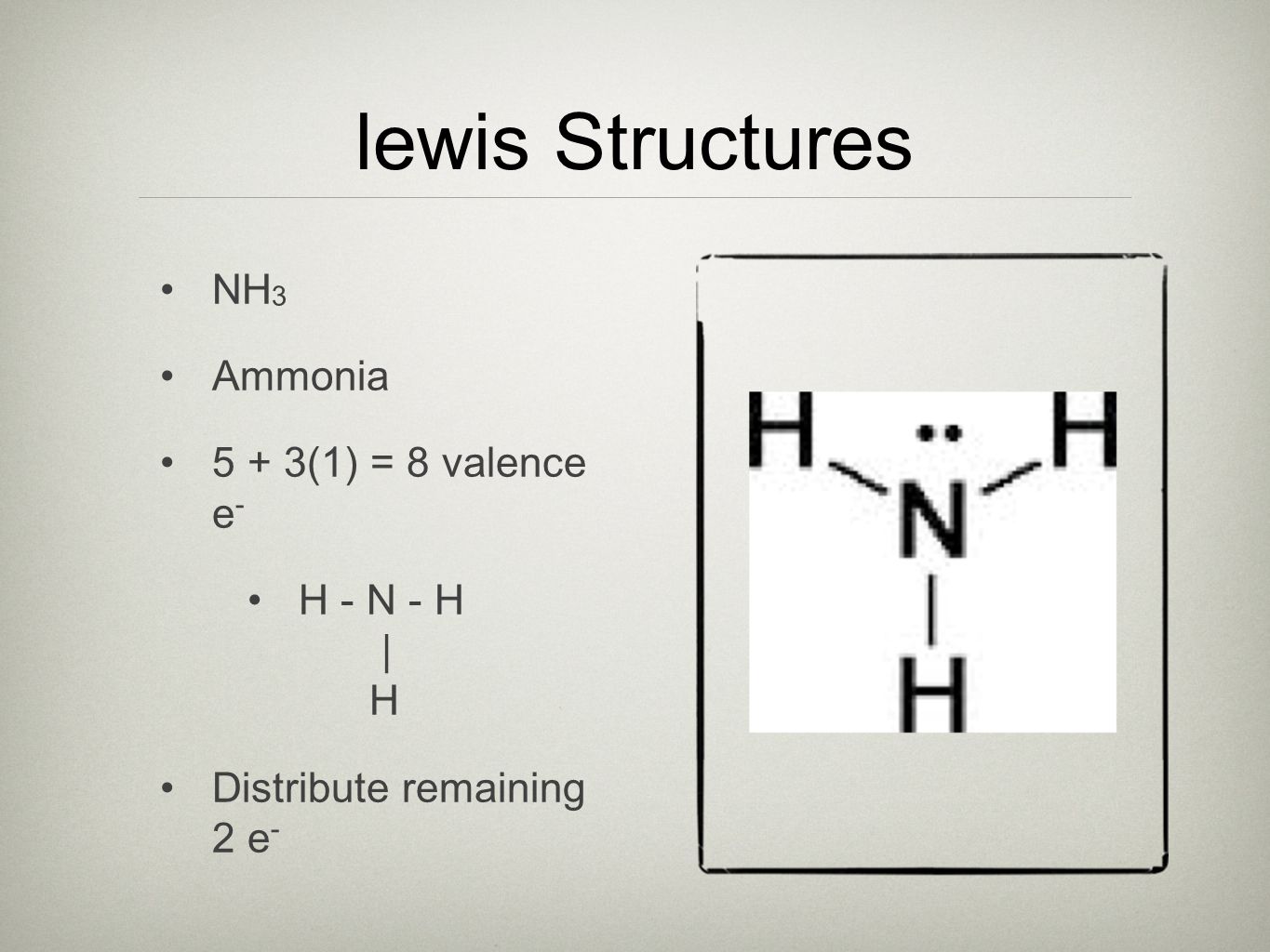 lewis Structures NH 3 Ammonia 5 + 3(1) = 8 valence e - H - N - H | H Distribute remaining 2 e -