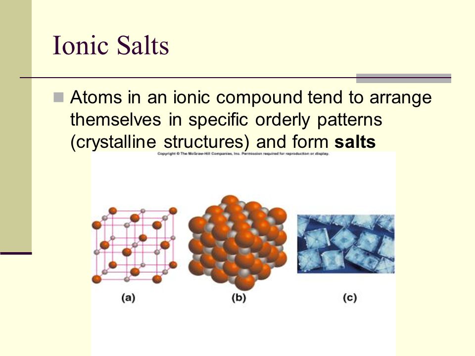Ionic Salts Atoms in an ionic compound tend to arrange themselves in specific orderly patterns (crystalline structures) and form salts