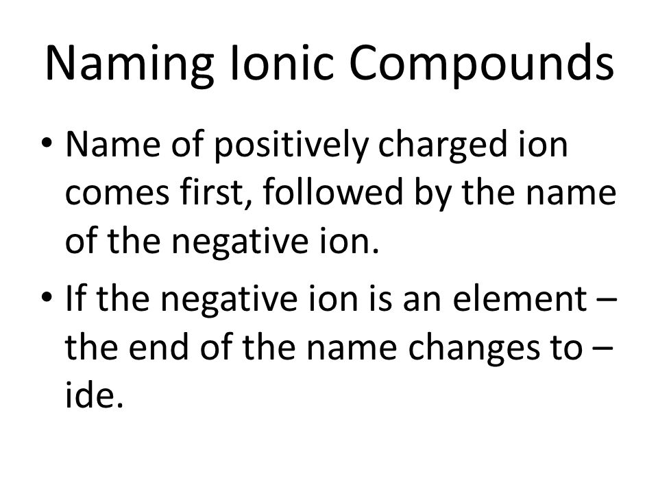 Naming Ionic Compounds Name of positively charged ion comes first, followed by the name of the negative ion.