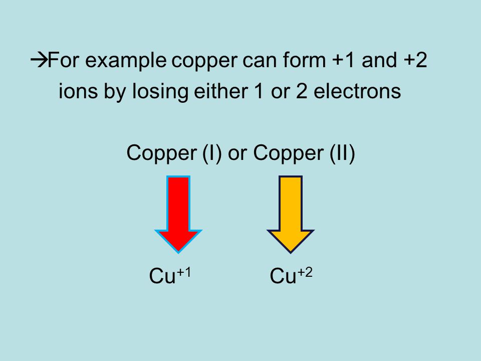  For example copper can form +1 and +2 ions by losing either 1 or 2 electrons Copper (I) or Copper (II) Cu +1 Cu +2