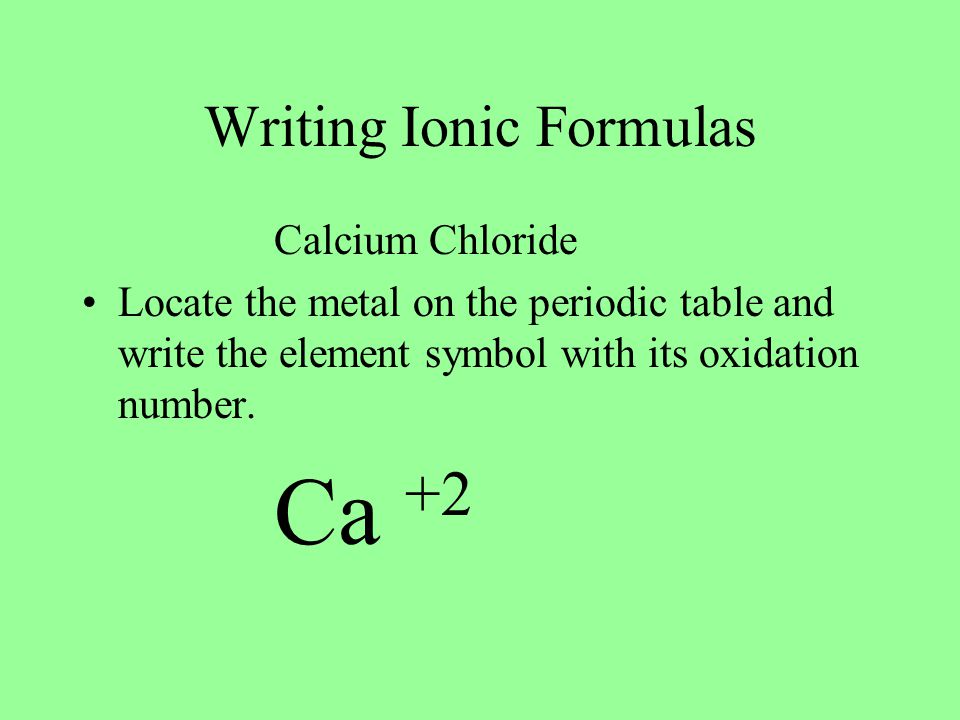 Writing Ionic Formulas Calcium Chloride Locate the metal on the periodic table and write the element symbol with its oxidation number.