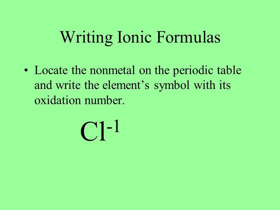 Writing Ionic Formulas Locate the nonmetal on the periodic table and write the element’s symbol with its oxidation number.