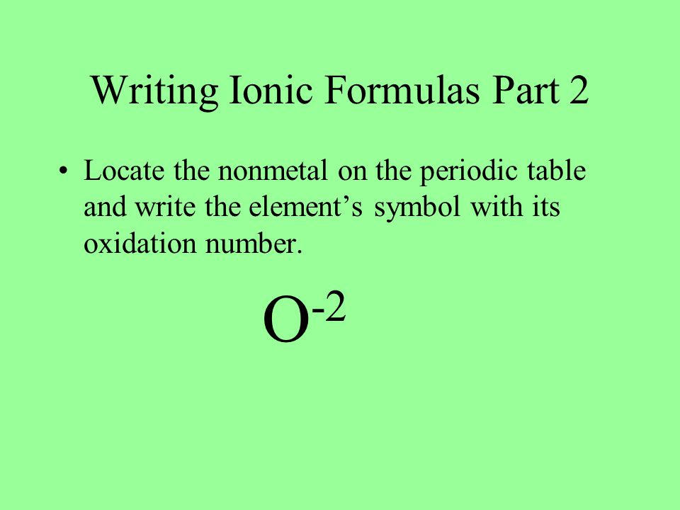 Writing Ionic Formulas Part 2 Locate the nonmetal on the periodic table and write the element’s symbol with its oxidation number.