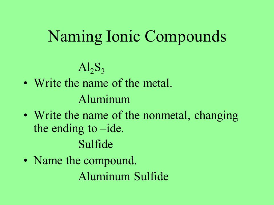 Naming Ionic Compounds Al 2 S 3 Write the name of the metal.