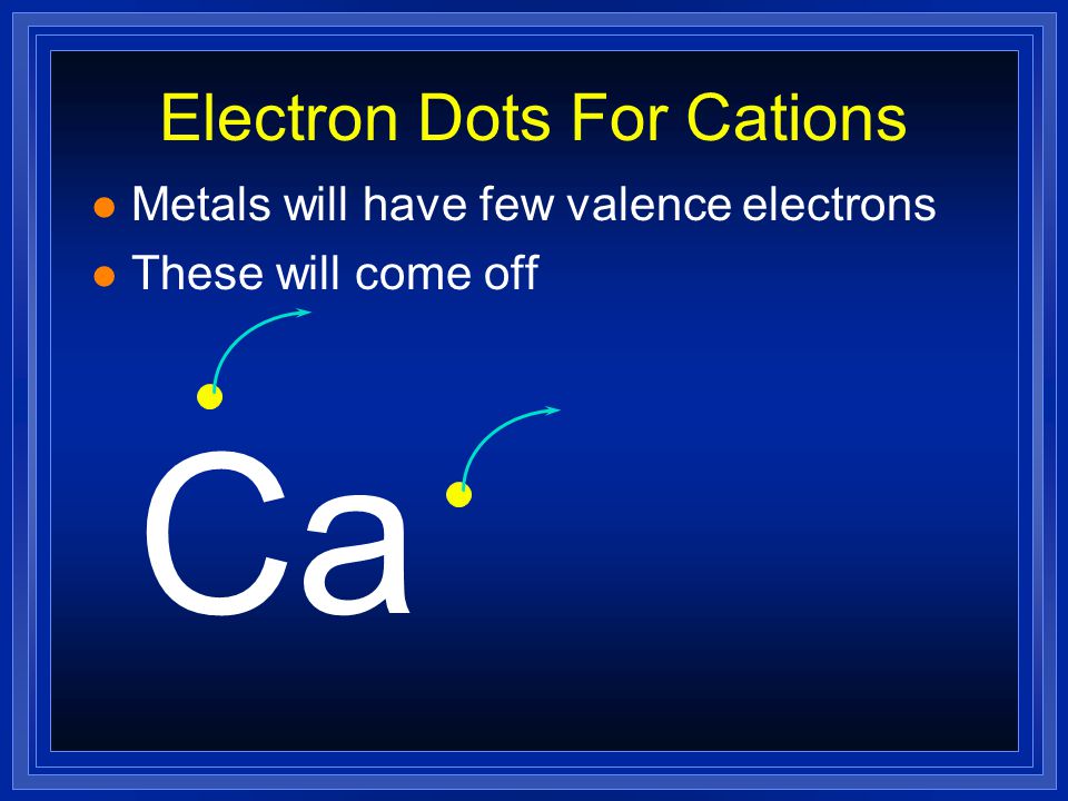 Electron Dots For Cations l Metals will have few valence electrons l These will come off Ca