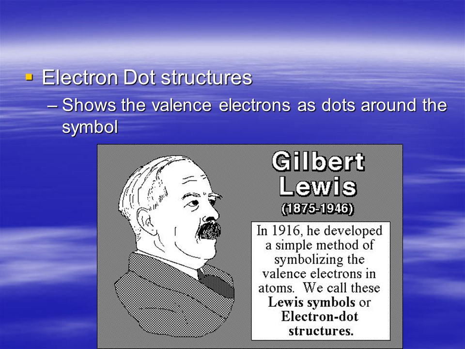 Electron Dot structures –Shows the valence electrons as dots around the symbol