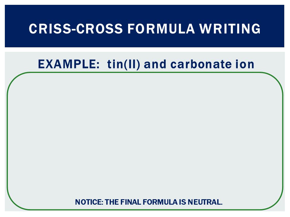 EXAMPLE: tin(II) and carbonate ion CRISS-CROSS FORMULA WRITING NOTICE: THE FINAL FORMULA IS NEUTRAL.