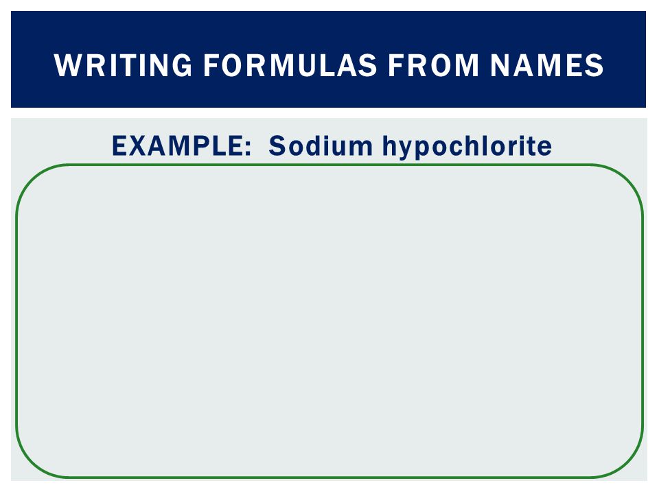EXAMPLE: Sodium hypochlorite WRITING FORMULAS FROM NAMES