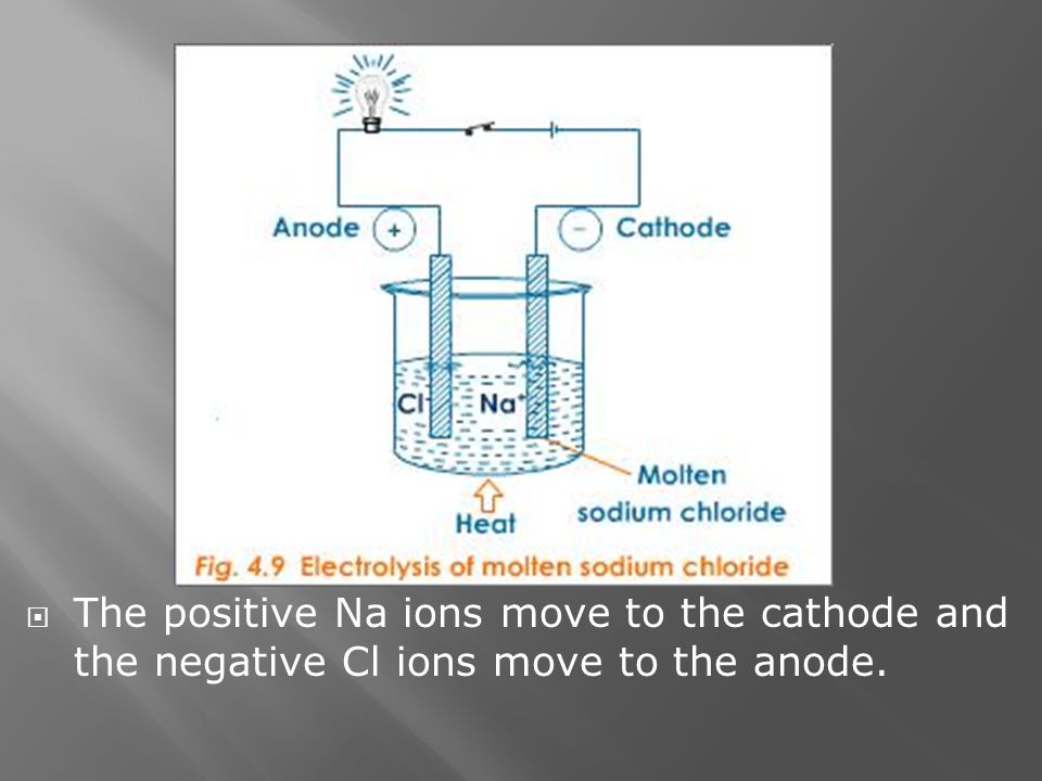  The positive Na ions move to the cathode and the negative Cl ions move to the anode.