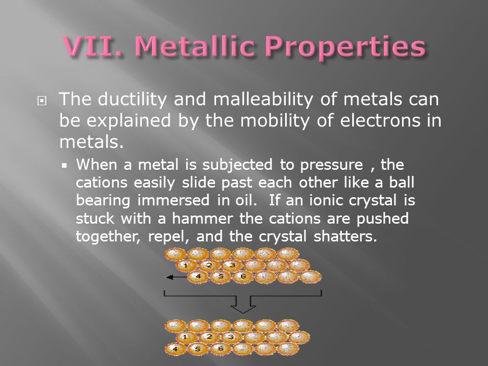  The ductility and malleability of metals can be explained by the mobility of electrons in metals.