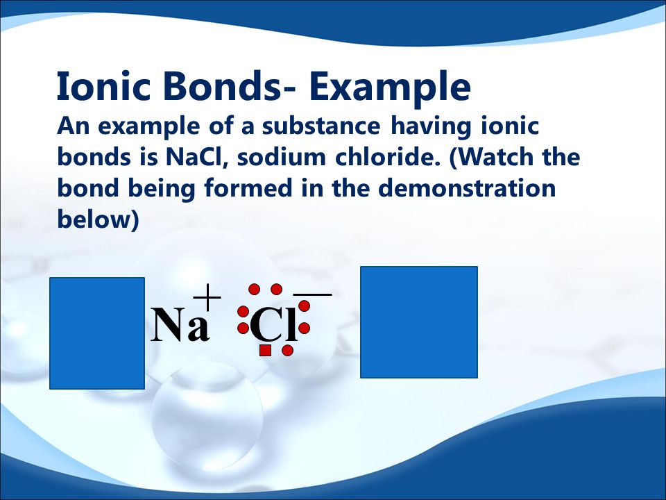 Ionic Bonds  Characterized by a transfer of electrons  When electrons are transferred between atoms ions are produced having opposite charges  The attraction of oppositely charged ions holds them together  This electrostatic attraction is the ionic bond