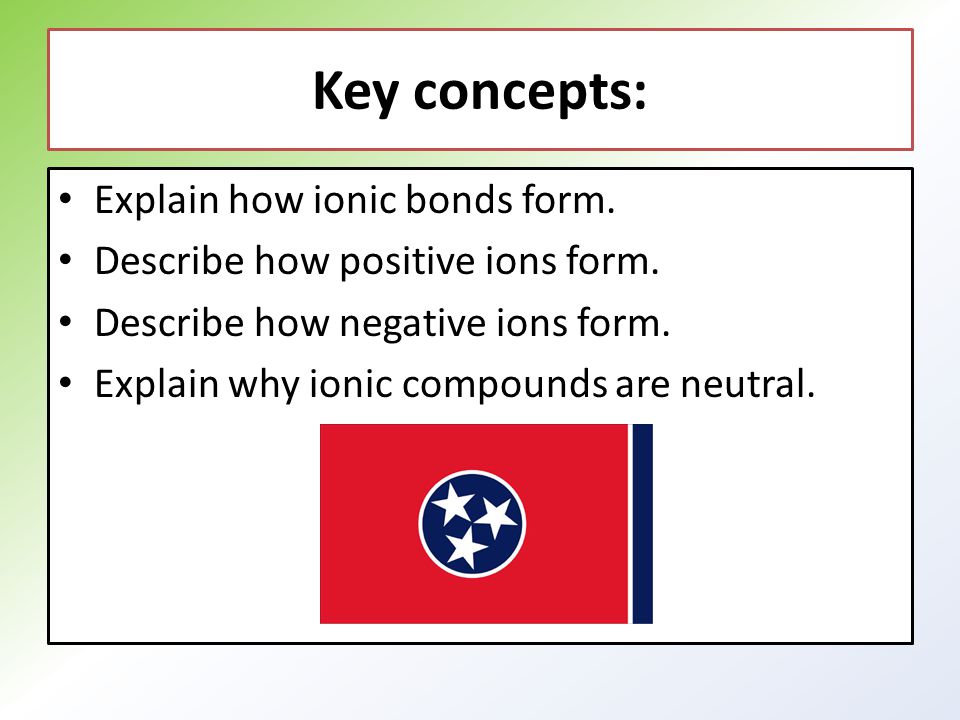 Key concepts: Explain how ionic bonds form. Describe how positive ions form.
