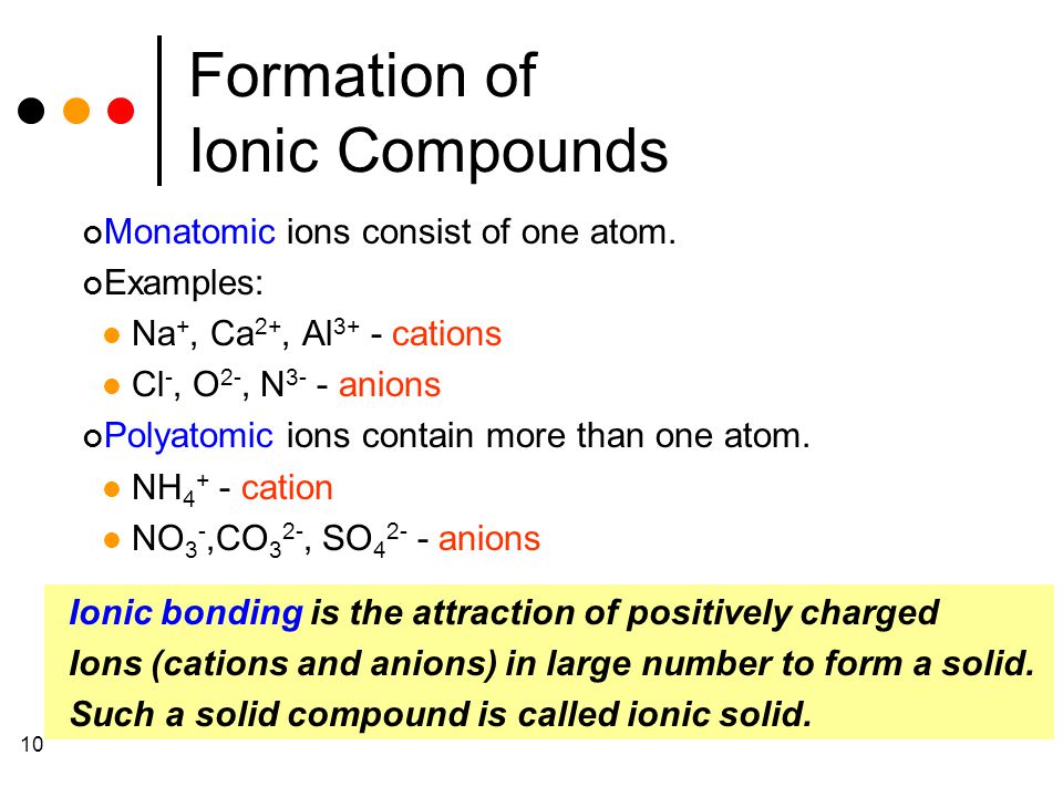 10 Formation of Ionic Compounds Monatomic ions consist of one atom.