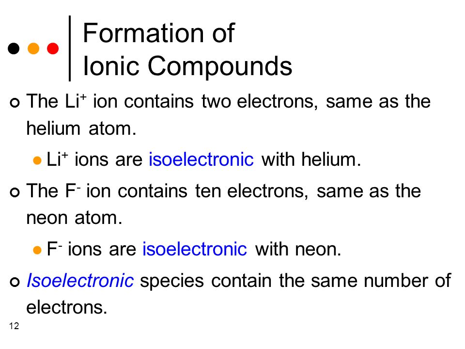 12 Formation of Ionic Compounds The Li + ion contains two electrons, same as the helium atom.
