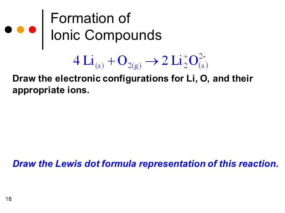 16 Formation of Ionic Compounds Draw the electronic configurations for Li, O, and their appropriate ions.