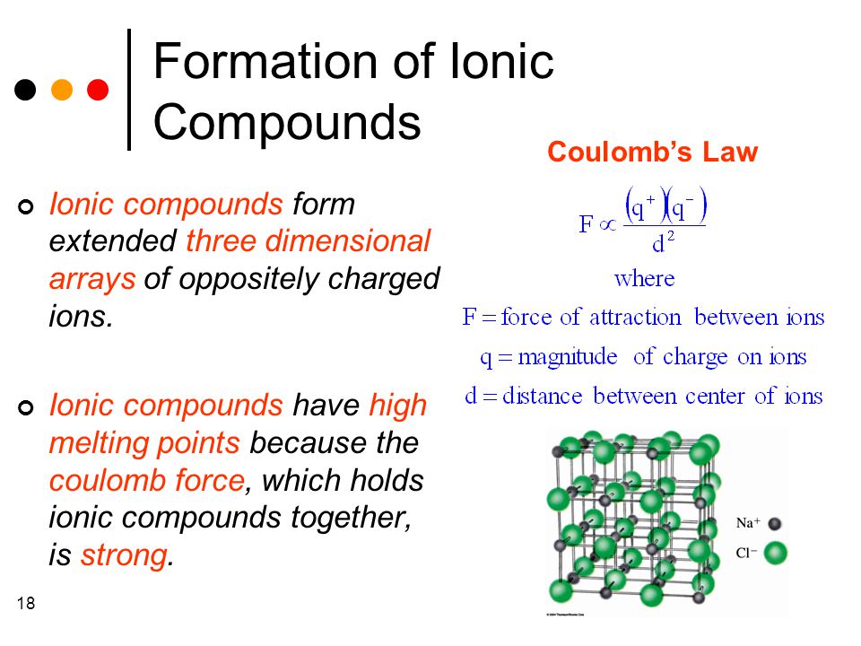 18 Formation of Ionic Compounds Ionic compounds form extended three dimensional arrays of oppositely charged ions.