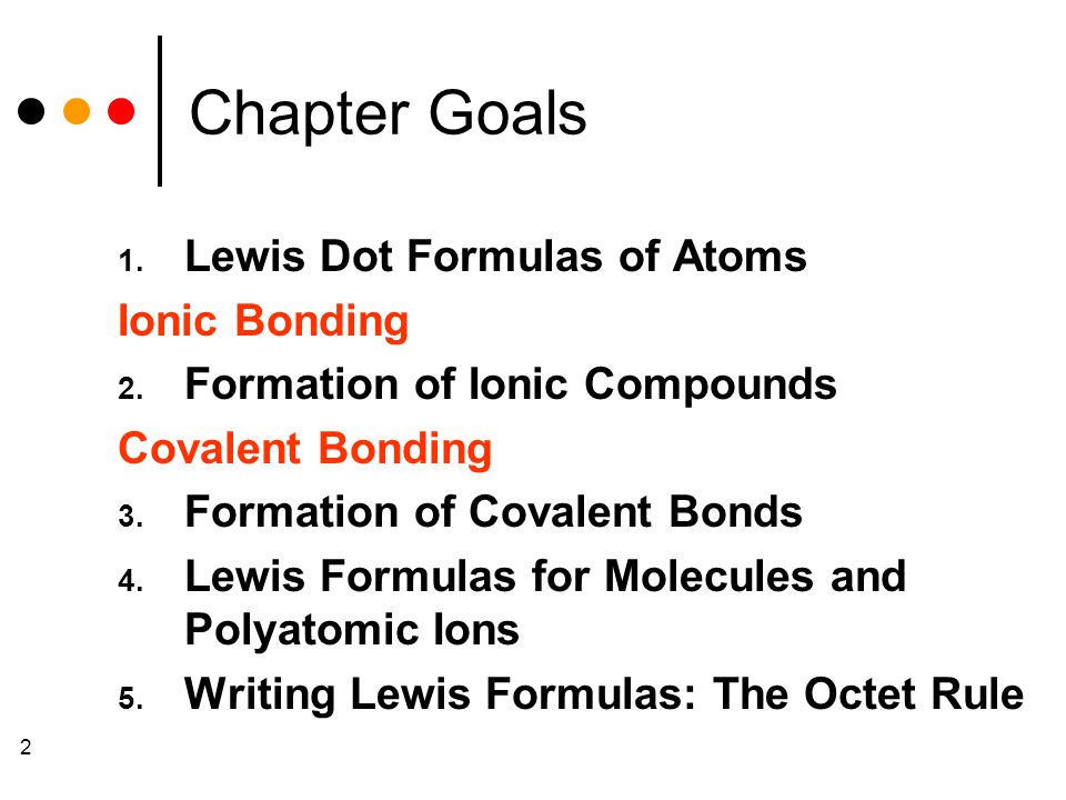 2 Chapter Goals 1. Lewis Dot Formulas of Atoms Ionic Bonding 2.