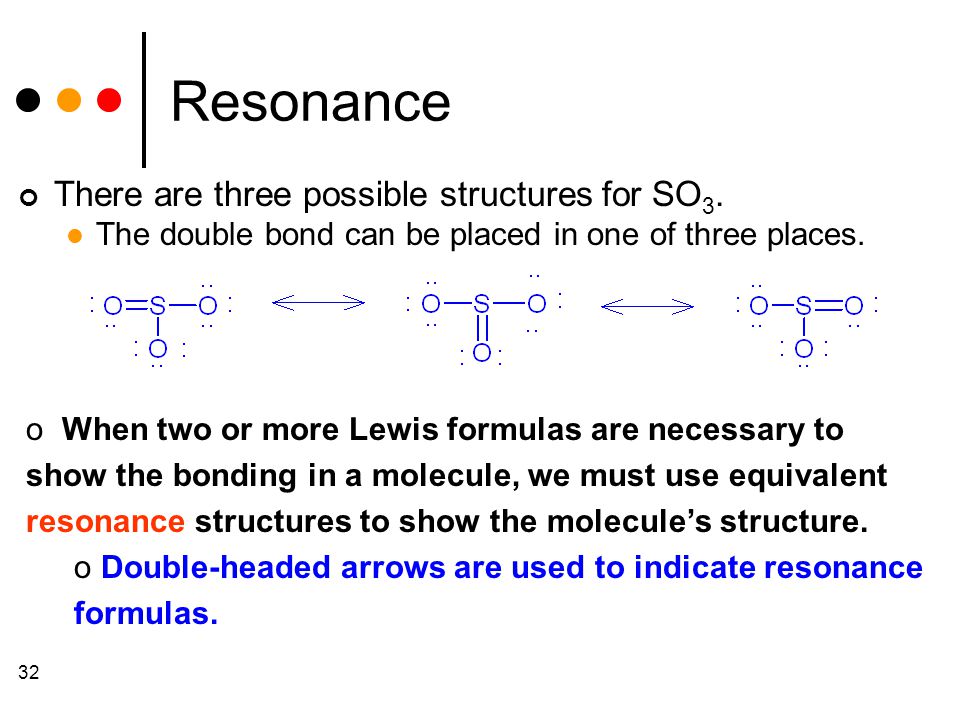 32 Resonance There are three possible structures for SO 3.