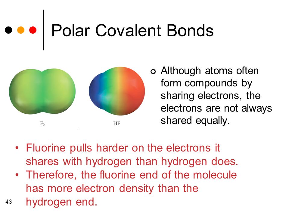 43 Polar Covalent Bonds Although atoms often form compounds by sharing electrons, the electrons are not always shared equally.