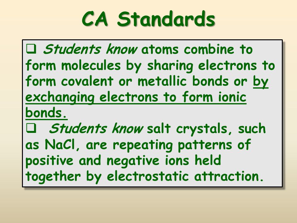 CA Standards  Students know atoms combine to form molecules by sharing electrons to form covalent or metallic bonds or by exchanging electrons to form ionic bonds.