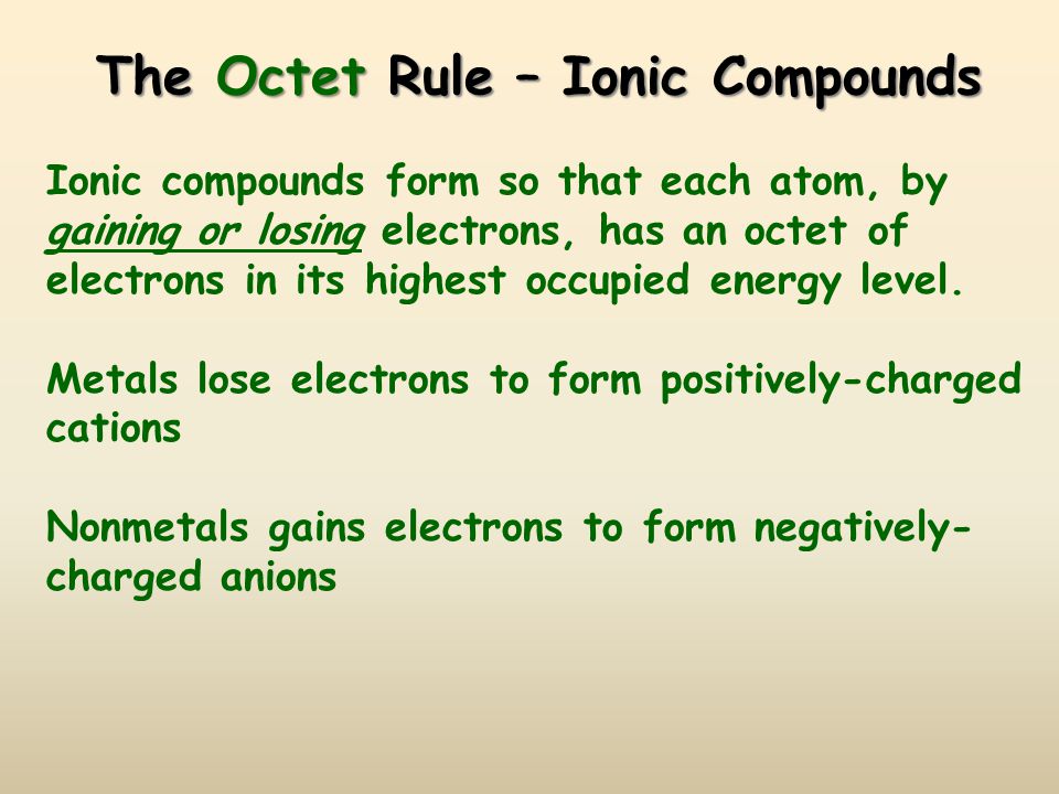 The Octet Rule – Ionic Compounds Ionic compounds form so that each atom, by gaining or losing electrons, has an octet of electrons in its highest occupied energy level.