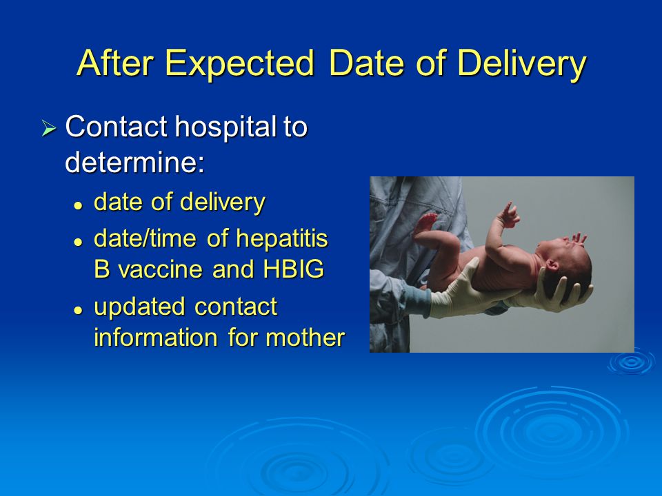 After Expected Date of Delivery  Contact hospital to determine: date of delivery date of delivery date/time of hepatitis B vaccine and HBIG date/time of hepatitis B vaccine and HBIG updated contact information for mother updated contact information for mother