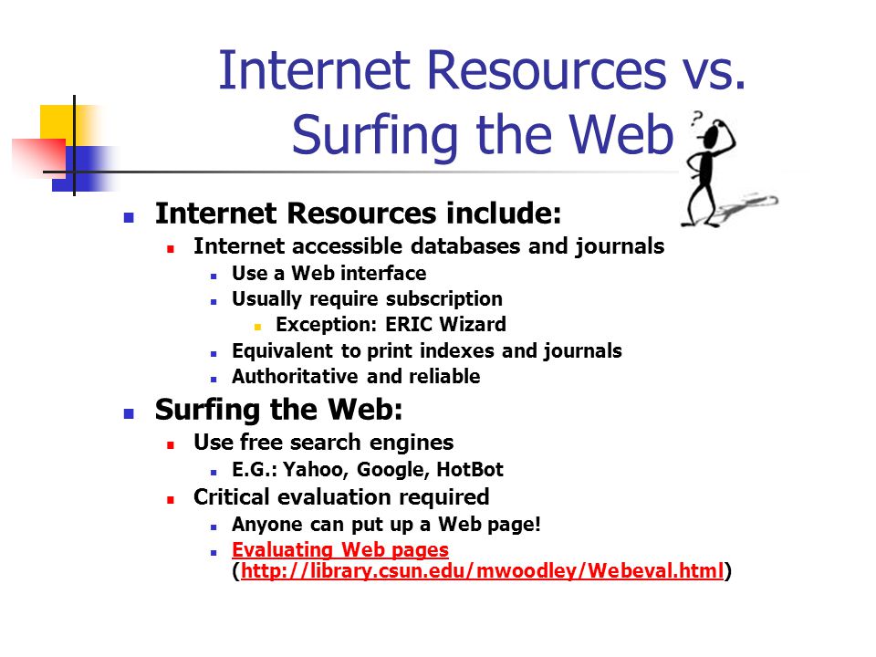 Evaluating Internet Resources Types of Web Sites: the url is a key.gov.edu.org.com Authority Content & Coverage Timeliness Accuracy Objectivity World Wide Web sites come in many sizes and styles.