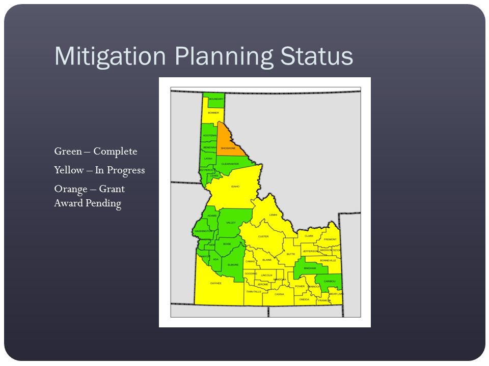 Mitigation Planning Status Green – Complete Yellow – In Progress Orange – Grant Award Pending