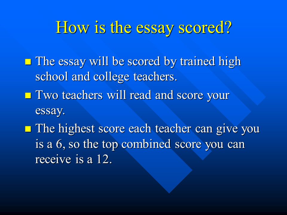 How is the essay scored. The essay will be scored by trained high school and college teachers.