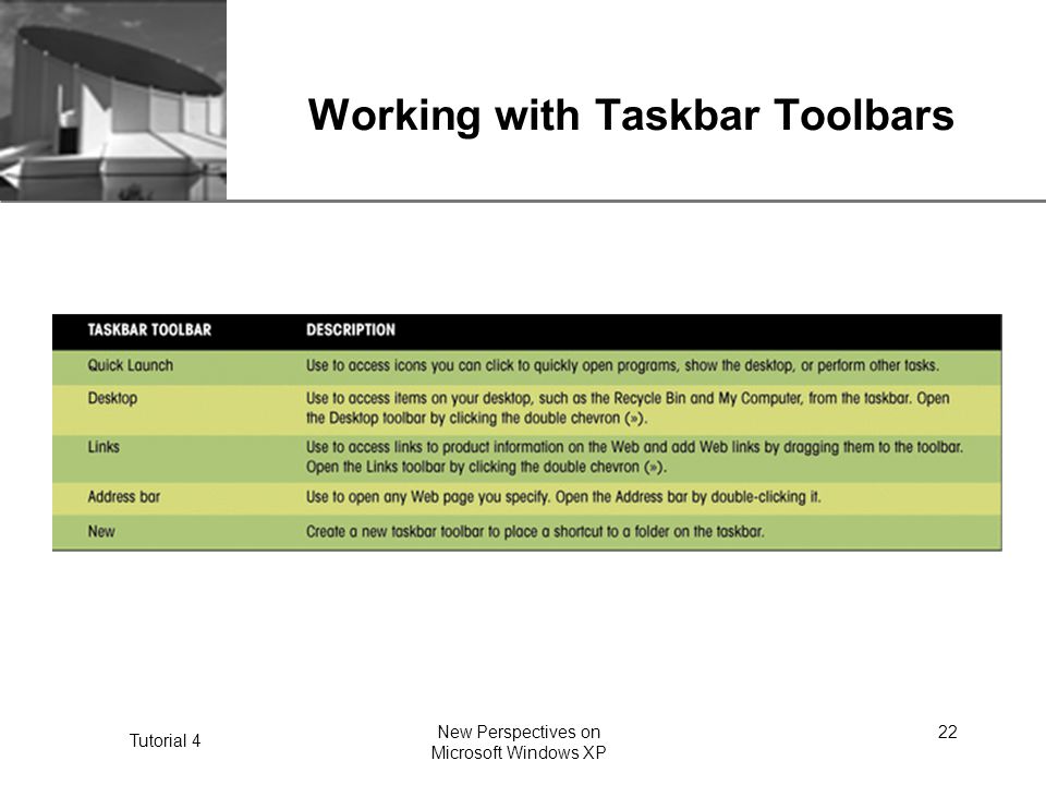 XP Tutorial 4 New Perspectives on Microsoft Windows XP 22 Working with Taskbar Toolbars
