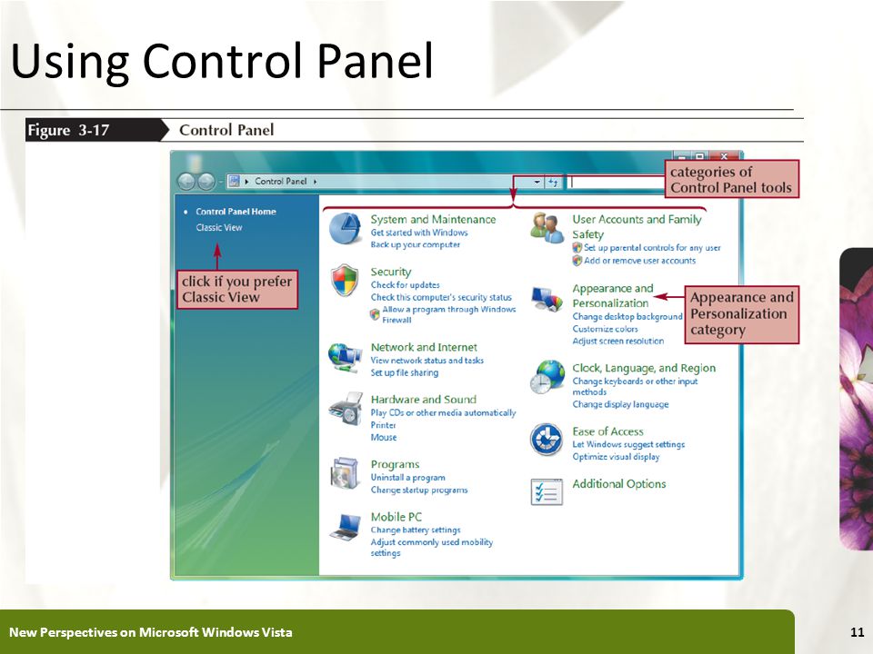 XP Using Control Panel New Perspectives on Microsoft Windows Vista11