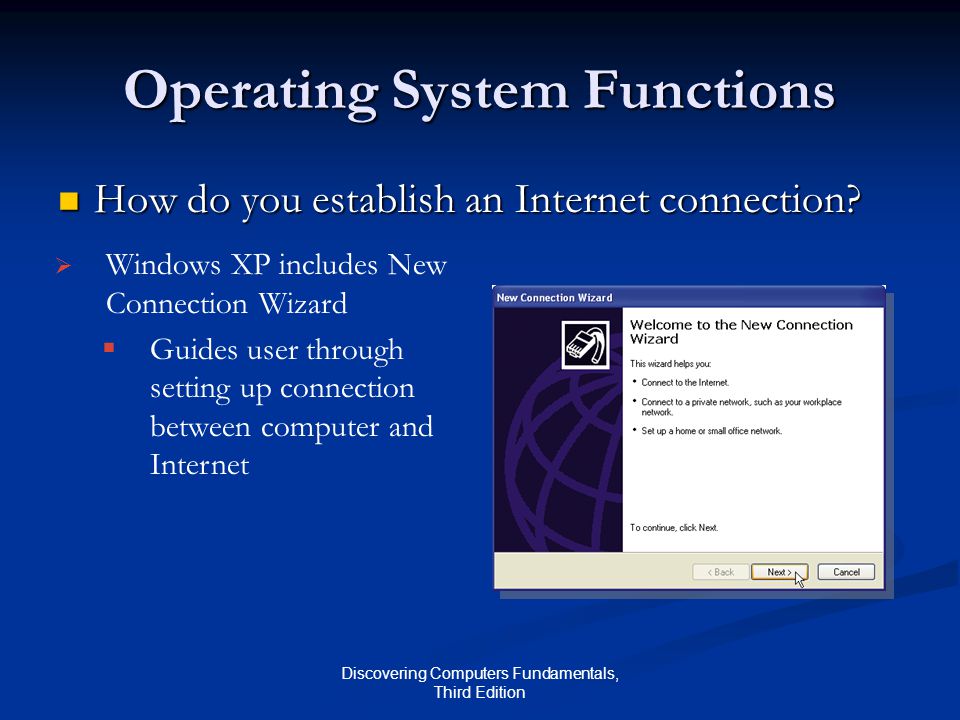 Discovering Computers Fundamentals, Third Edition Operating System Functions How do you establish an Internet connection.