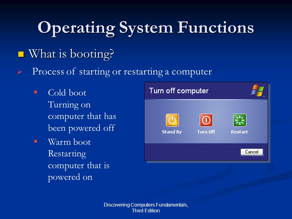 Discovering Computers Fundamentals, Third Edition Operating System Functions What is booting.