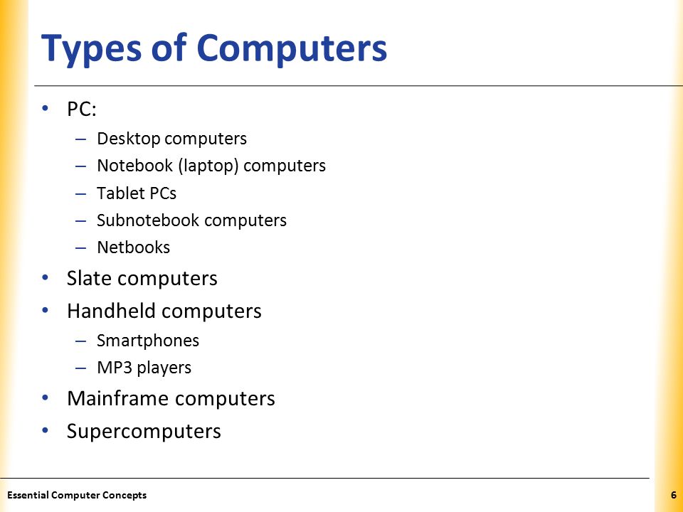 XP Types of Computers PC: – Desktop computers – Notebook (laptop) computers – Tablet PCs – Subnotebook computers – Netbooks Slate computers Handheld computers – Smartphones – MP3 players Mainframe computers Supercomputers 6Essential Computer Concepts