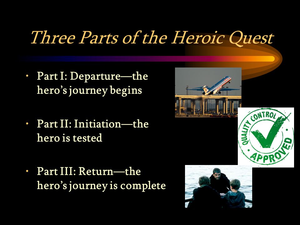 Three Parts of the Heroic Quest Part I: Departure—the hero’s journey begins Part II: Initiation—the hero is tested Part III: Return—the hero’s journey is complete