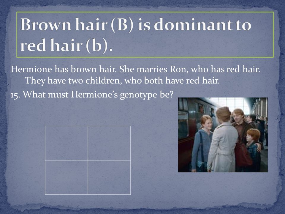 Hermione has brown hair. She marries Ron, who has red hair.