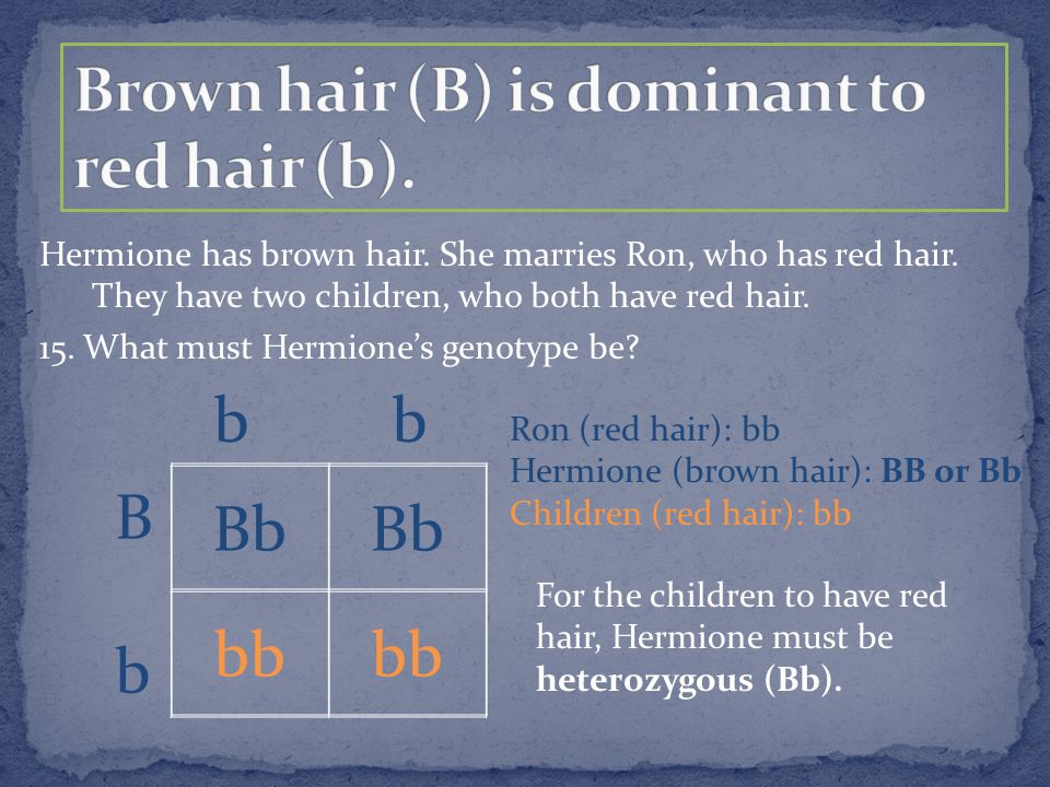 Hermione has brown hair. She marries Ron, who has red hair.