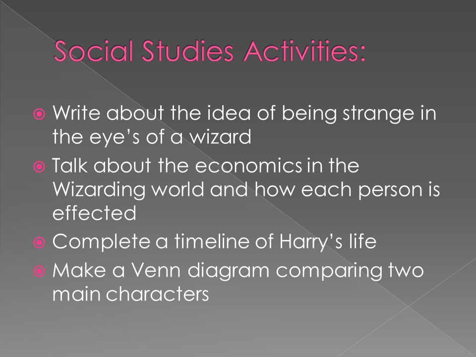  Write about the idea of being strange in the eye’s of a wizard  Talk about the economics in the Wizarding world and how each person is effected  Complete a timeline of Harry’s life  Make a Venn diagram comparing two main characters