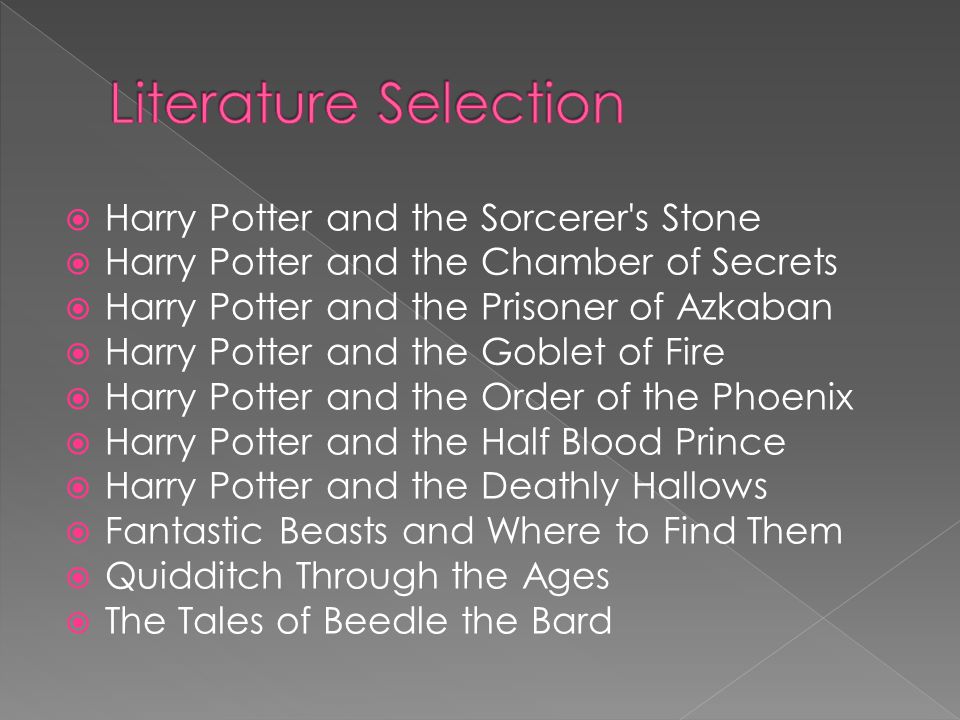  Harry Potter and the Sorcerer s Stone  Harry Potter and the Chamber of Secrets  Harry Potter and the Prisoner of Azkaban  Harry Potter and the Goblet of Fire  Harry Potter and the Order of the Phoenix  Harry Potter and the Half Blood Prince  Harry Potter and the Deathly Hallows  Fantastic Beasts and Where to Find Them  Quidditch Through the Ages  The Tales of Beedle the Bard