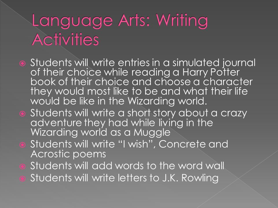  Students will write entries in a simulated journal of their choice while reading a Harry Potter book of their choice and choose a character they would most like to be and what their life would be like in the Wizarding world.