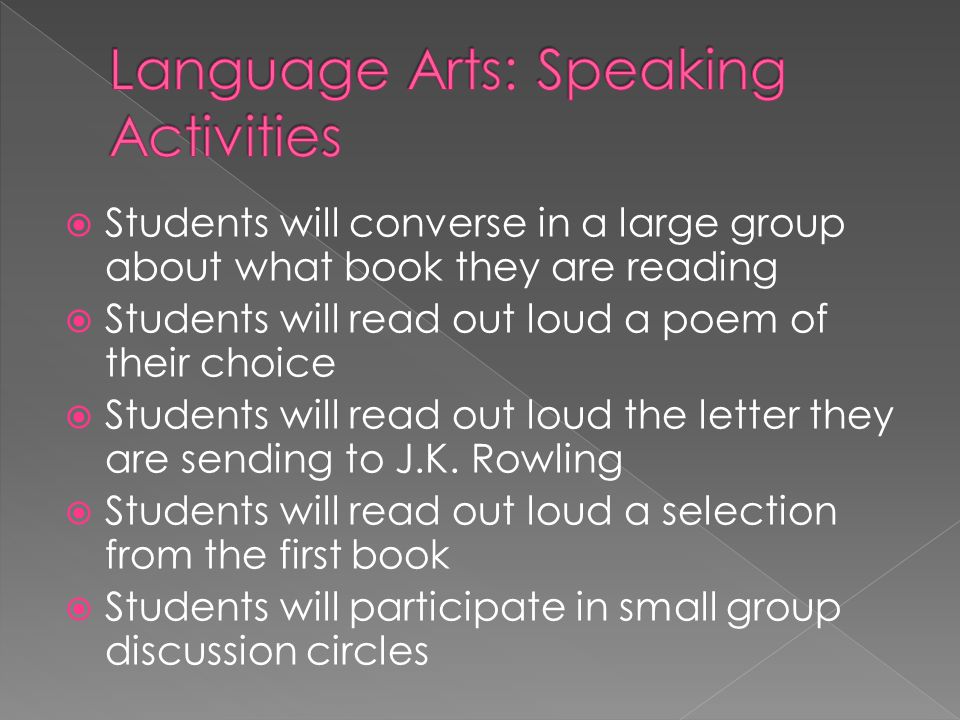  Students will converse in a large group about what book they are reading  Students will read out loud a poem of their choice  Students will read out loud the letter they are sending to J.K.