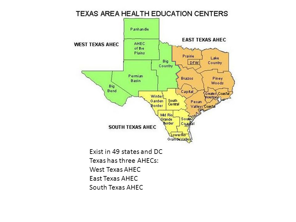 Exist in 49 states and DC Texas has three AHECs: West Texas AHEC East Texas AHEC South Texas AHEC