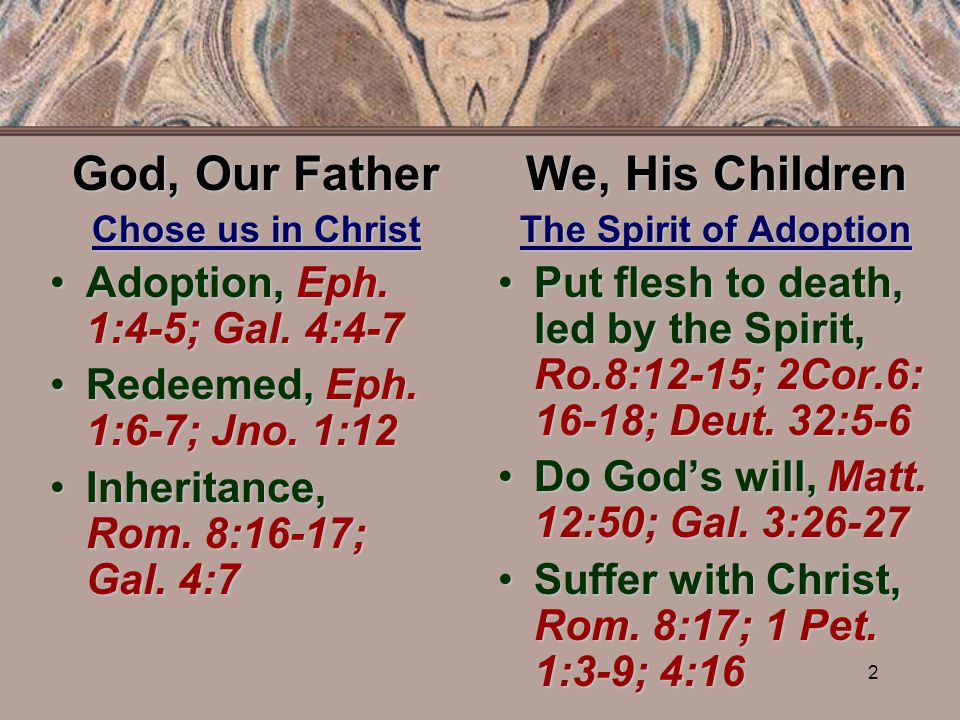 2 God, Our Father Chose us in Christ Adoption, Eph.