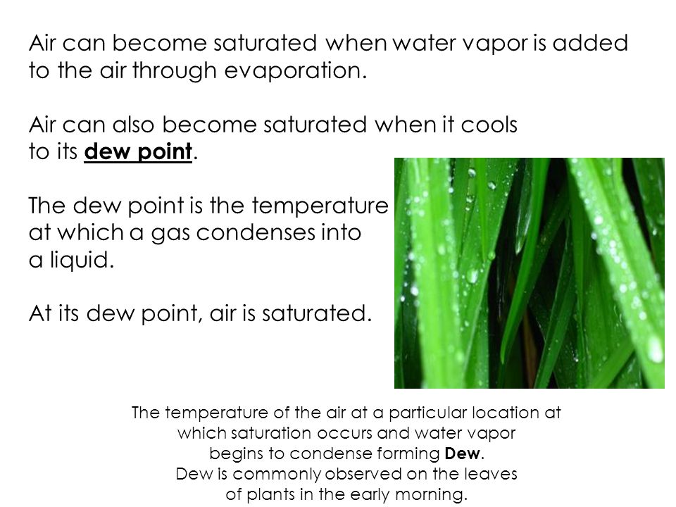 Air can become saturated when water vapor is added to the air through evaporation.