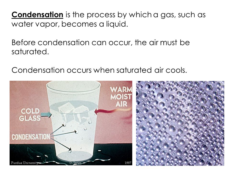 Condensation is the process by which a gas, such as water vapor, becomes a liquid.