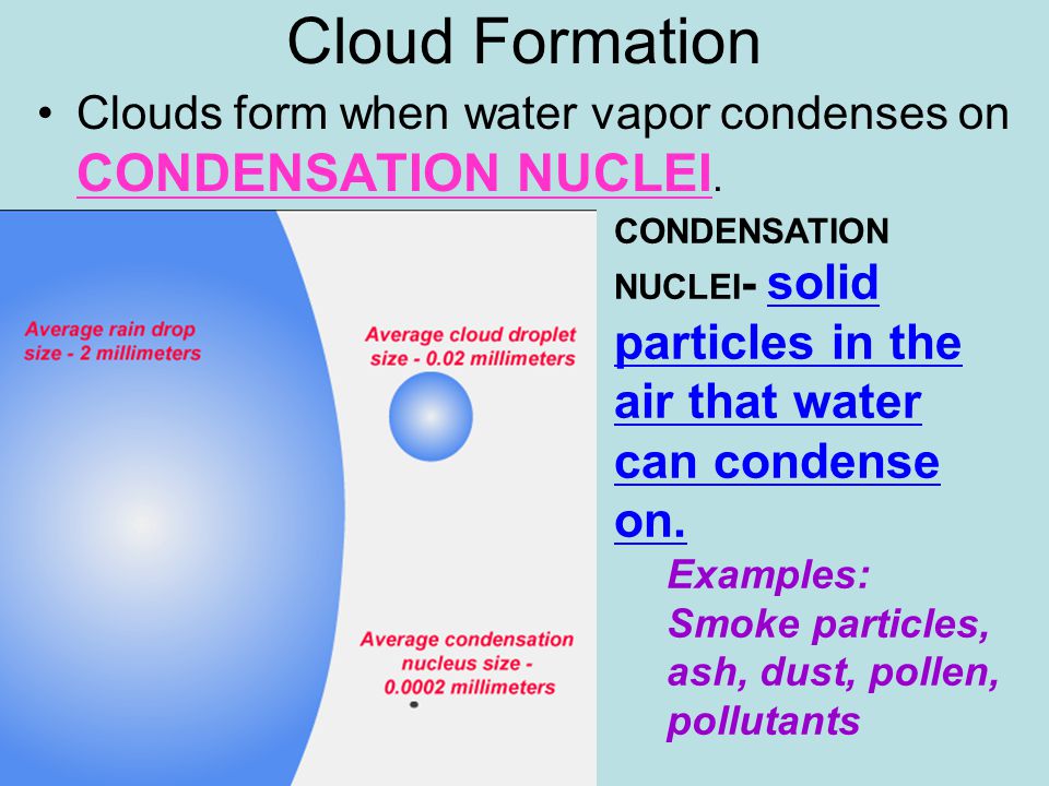 Cloud Formation Clouds form when water vapor condenses on CONDENSATION NUCLEI.