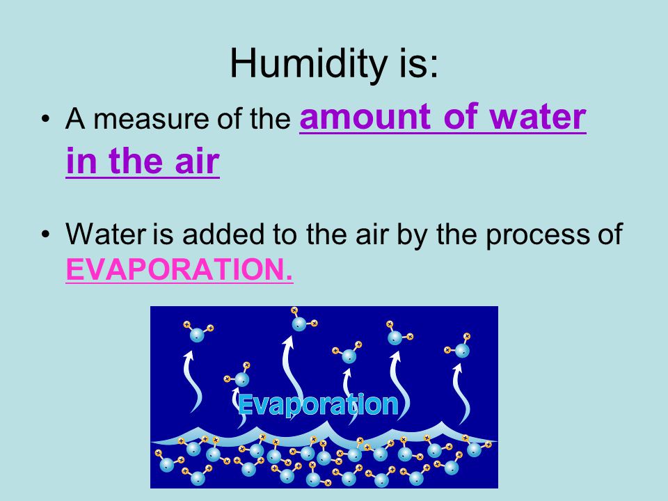 Humidity is: A measure of the amount of water in the air Water is added to the air by the process of EVAPORATION.