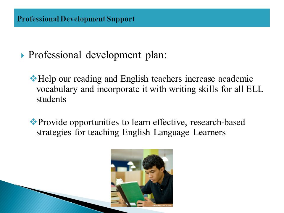  Professional development plan:  Help our reading and English teachers increase academic vocabulary and incorporate it with writing skills for all ELL students  Provide opportunities to learn effective, research-based strategies for teaching English Language Learners